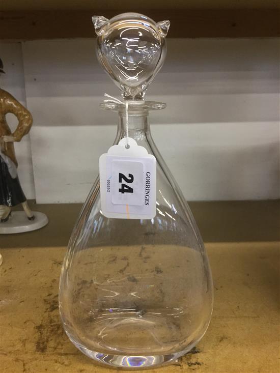 Orrefors glass cat decanter and stopper, designed by Sven Palmqvist, c.1955, crizzling(-)